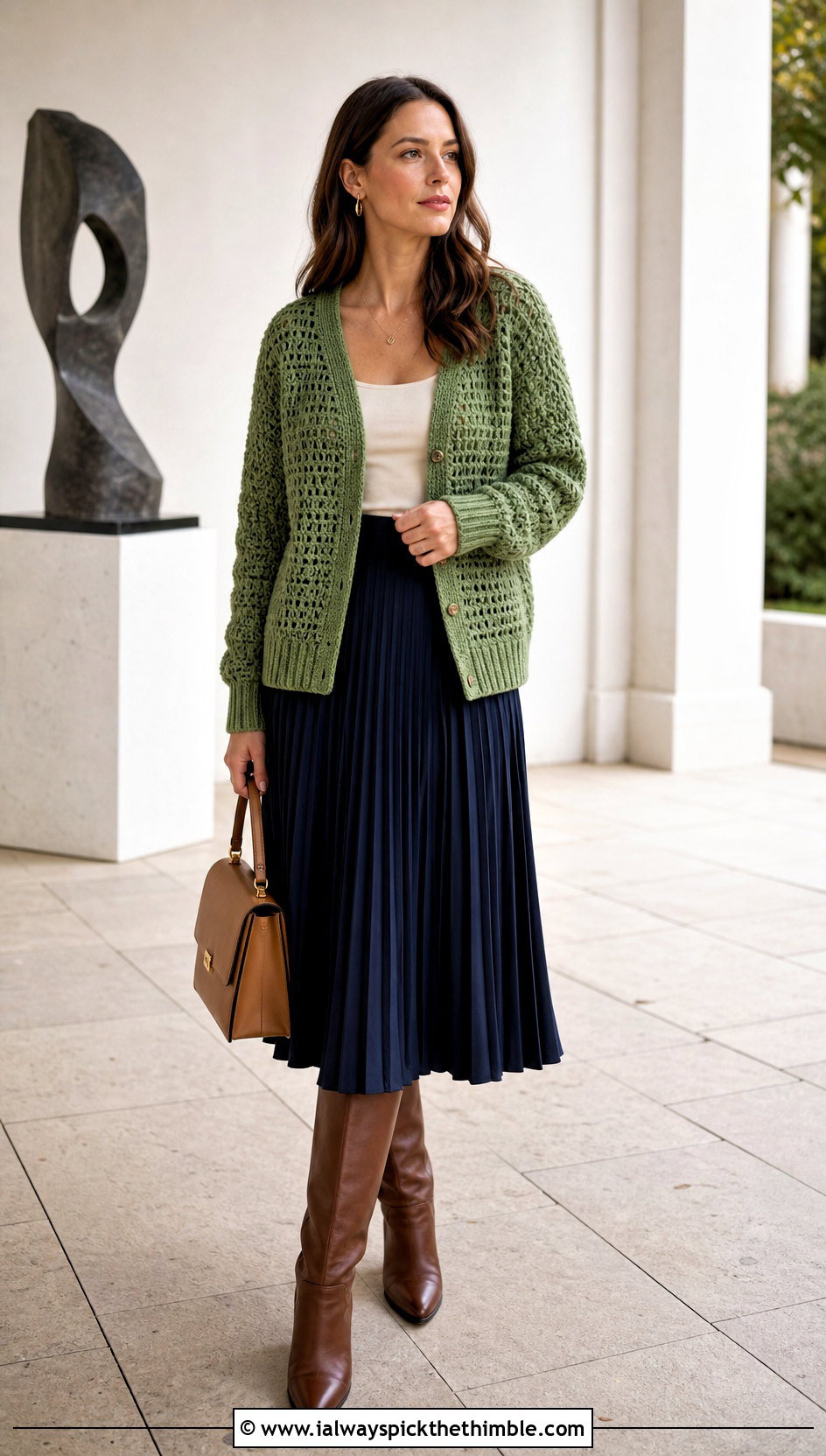 Ribbed Cuff Lightly Toasted Crochet Cardigan With Pleated Midi Skirt - 20 lightly toasted crochet cardigan outfit ideas