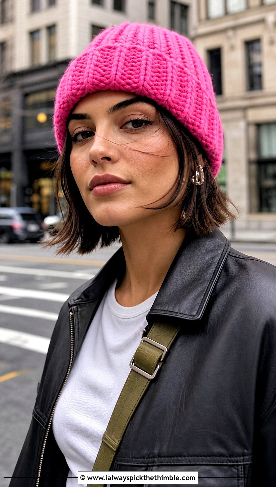 Ribbed Cuff Lightweight Crochet Beanie With Leather Jacket And Cargo Pants - 15 Crochet Lightweight Beanie outfit ideas
