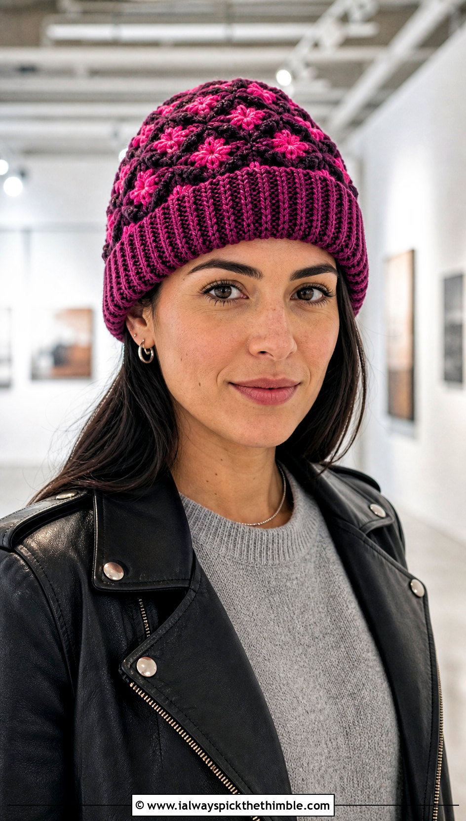Ribbed Cuff Mandala Crochet Beanie With Leather Jacket - 20 Mandala Crochet Beanie outfit ideas
