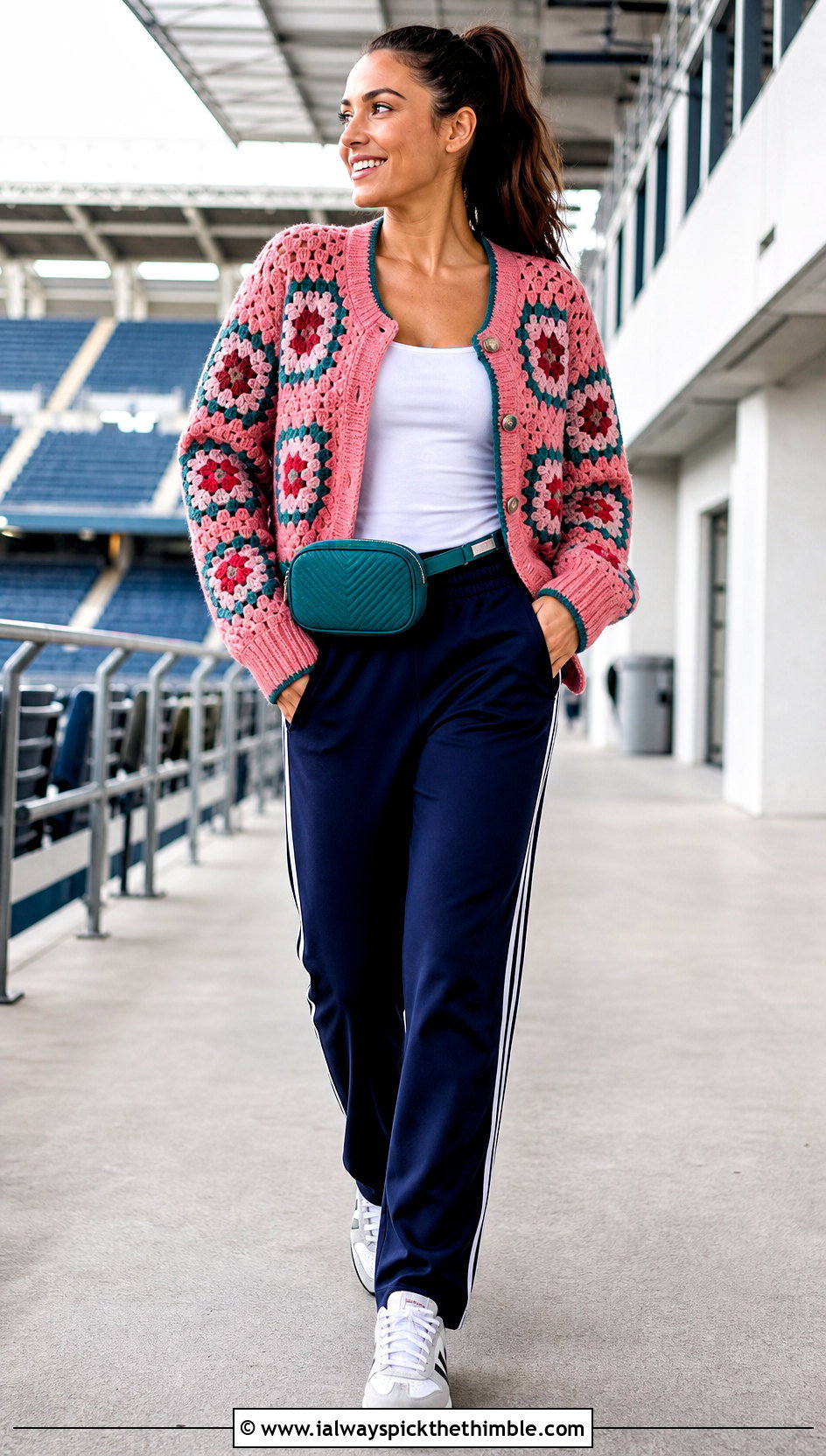 Ribbed Cuff Pink Granny Square Cardigan With Track Pants - 25 pink granny square cardigan outfit ideas