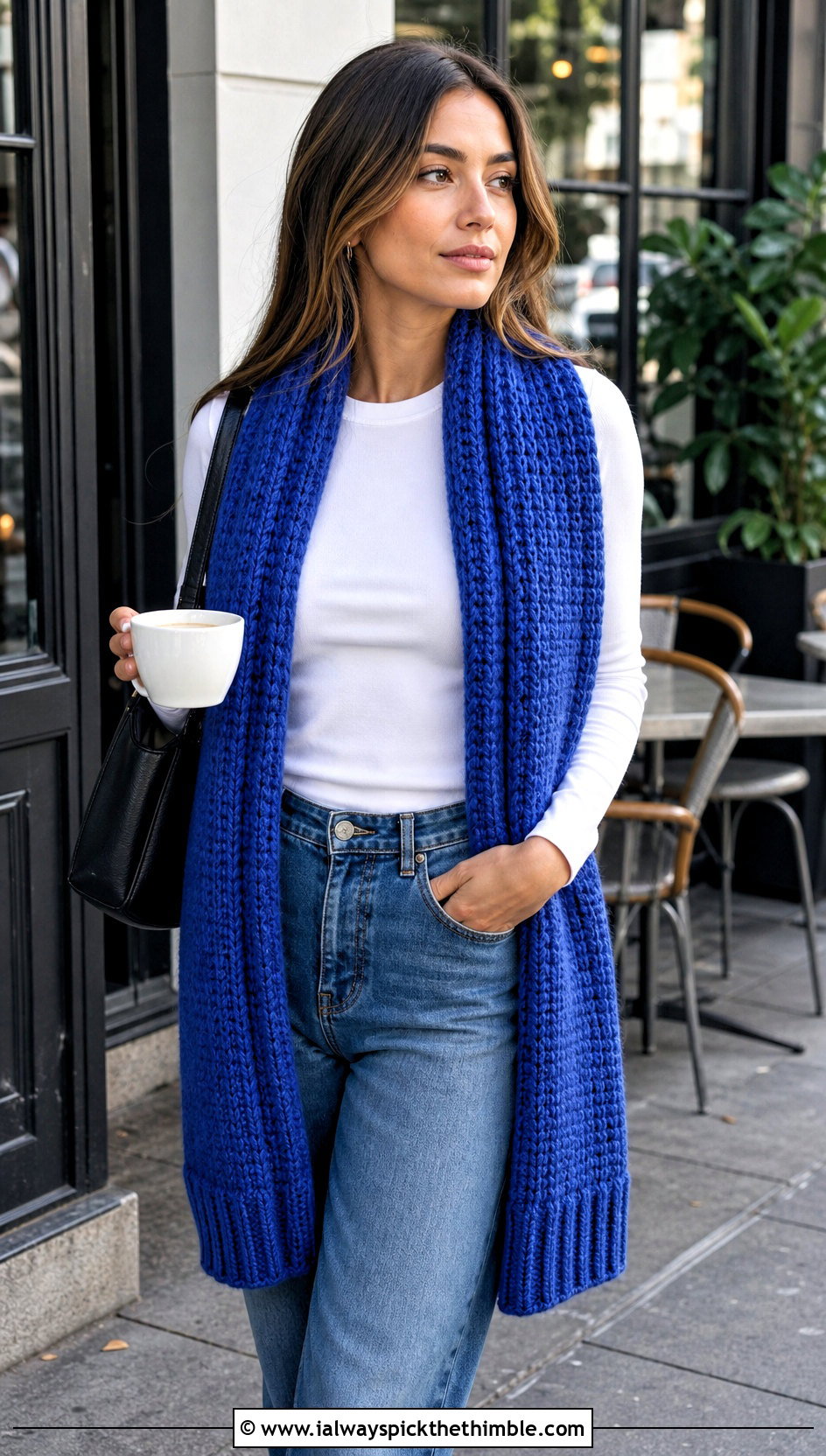 Ribbed Cuff Sleeved Crochet Scarf With Straight Leg Jeans - 20 Sleeved Crochet Scarf outfit ideas