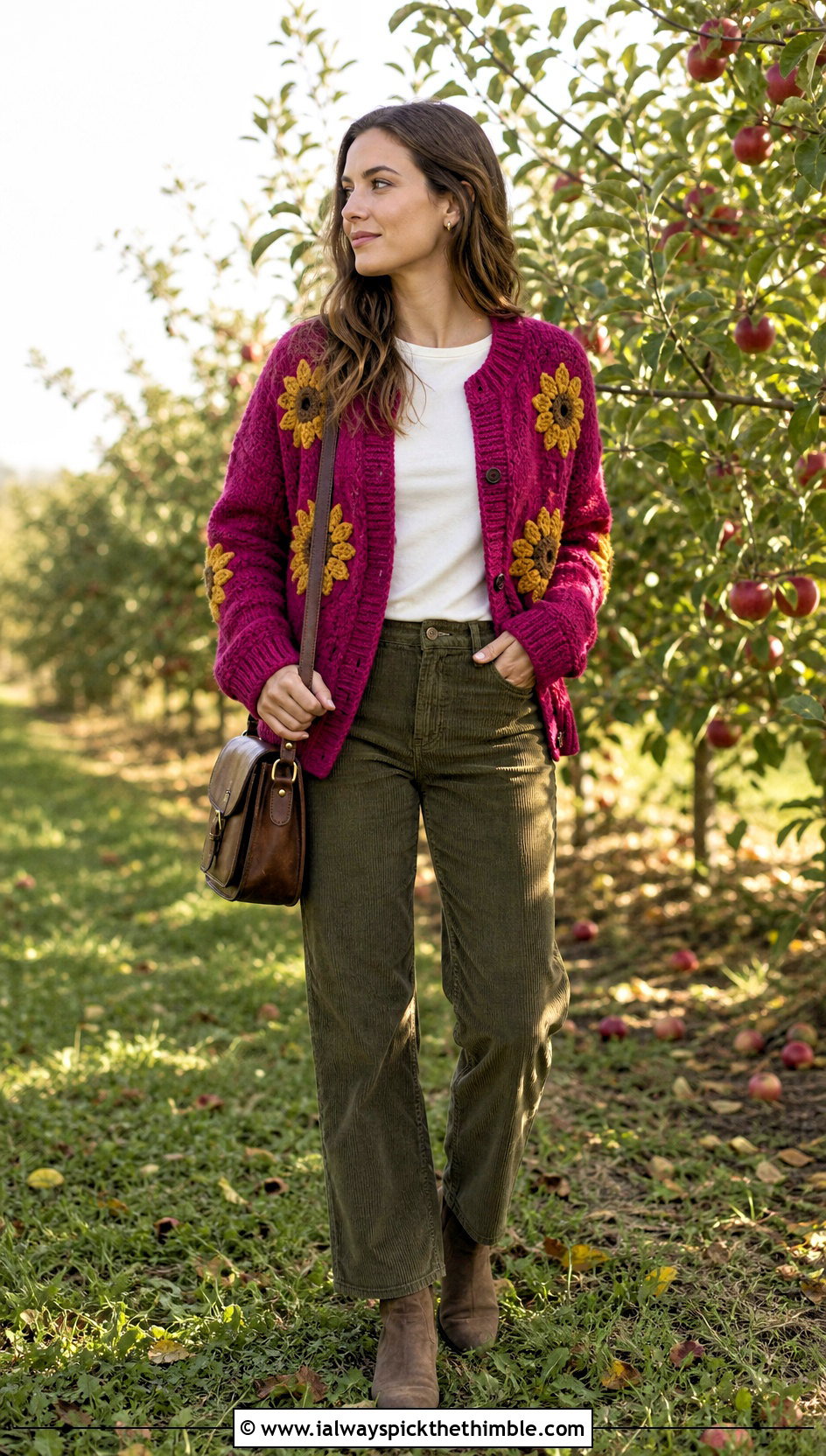 Ribbed Cuff Sunflower Cardigan With Corduroy Pants - 25 crochet sunflower sweater outfit ideas