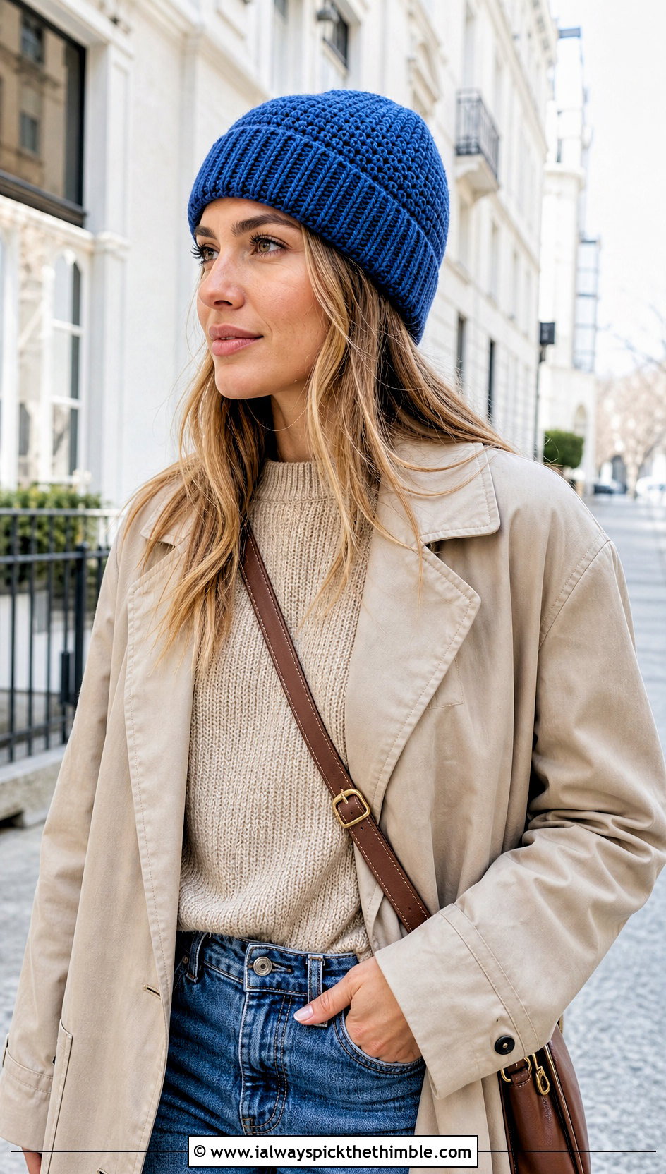 Ribbed Cuff Top Down Crochet Beanie With Trench Coat And Jeans - 25 top down crochet beanie outfit ideas