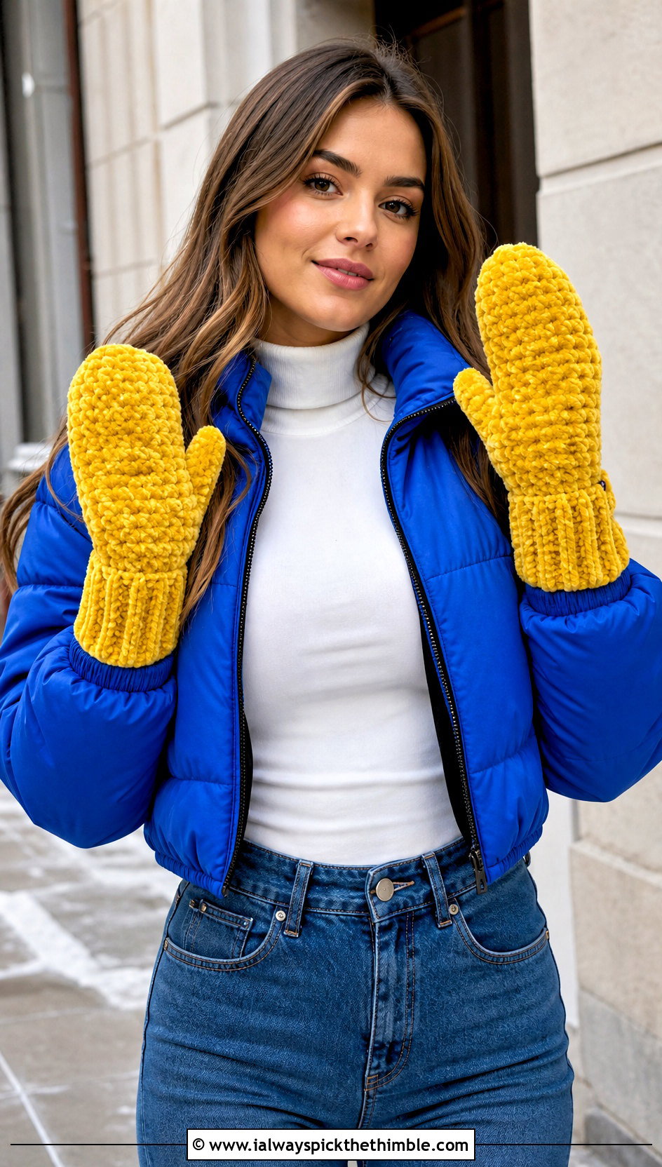 Ribbed Cuff Velvet Crochet Mittens With Cropped Puffer - 20 velvet crochet mittens outfit ideas