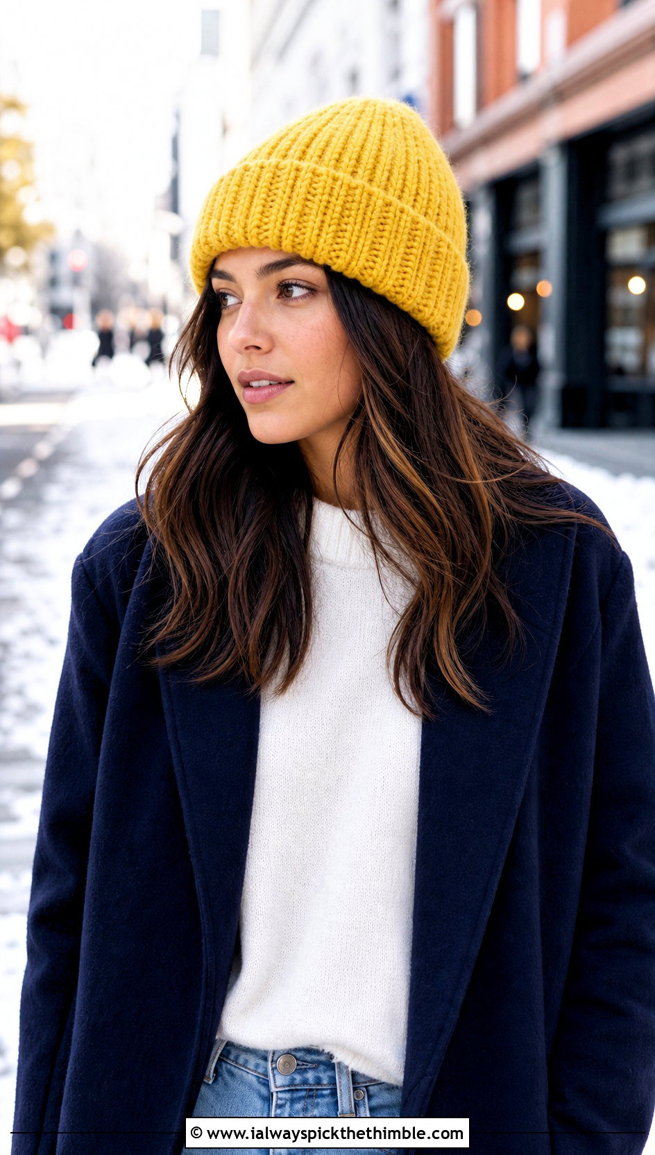Ribbed Cuffed Beanie With Wool Coat And Jeans - 20 Wool Crochet Hat outfit ideas