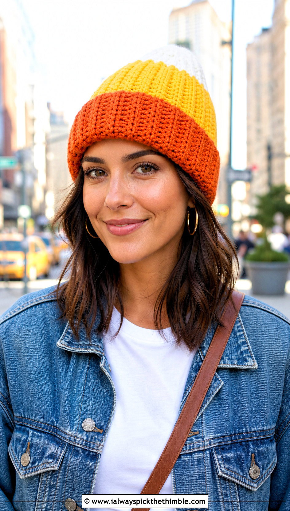 Ribbed Cuffed Candy Corn Crochet Beanie With Straight Leg Jeans - 15 candy corn crochet beanie outfit ideas