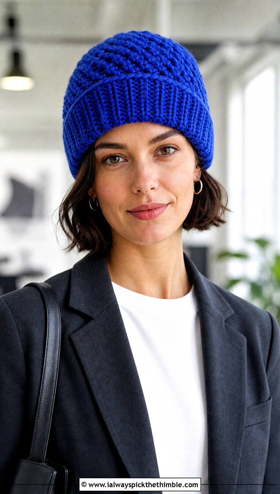 Ribbed Cuffed Crochet Beanie With Blazer And Trousers - 15 crochet beany hat outfit ideas