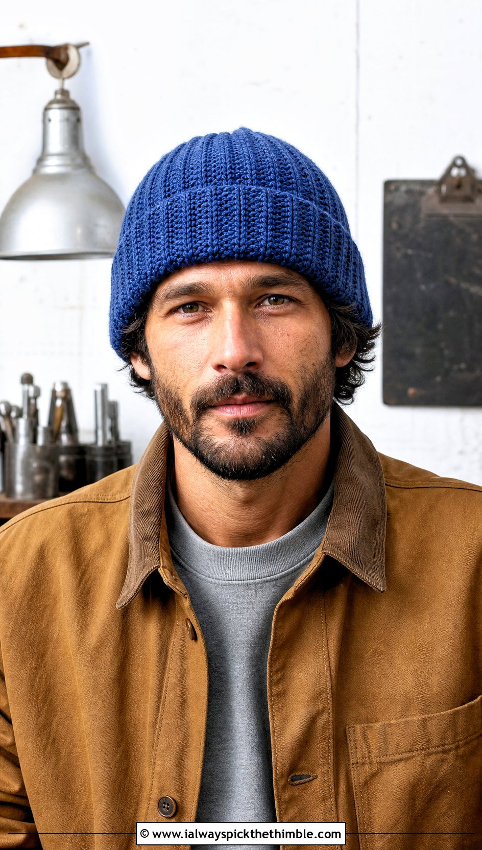 Ribbed Cuffed Crochet Beanie With Chore Coat - 25 men's crochet beanie outfit ideas