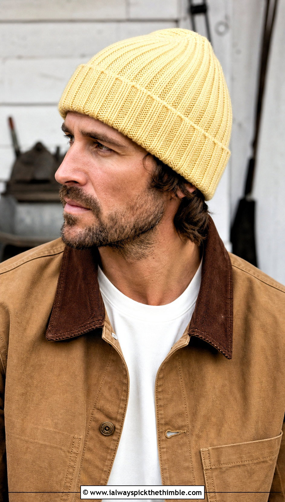 Ribbed Cuffed Crochet Beanie With Chore Jacket - 20 crochet hat ideas for men