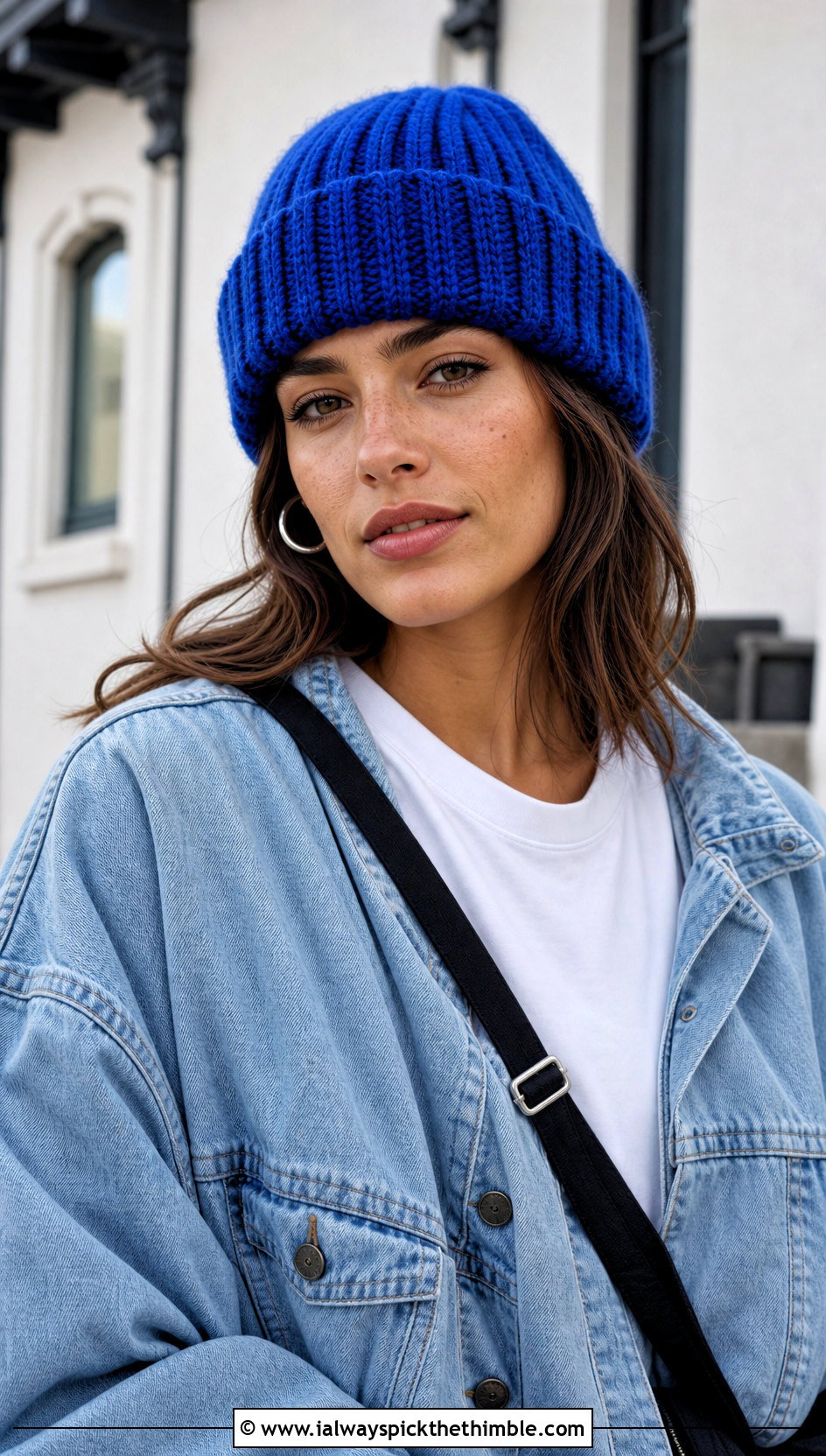 Ribbed Cuffed Crochet Beanie With Denim Jacket - 15 Womens Crochet Beanie outfit ideas