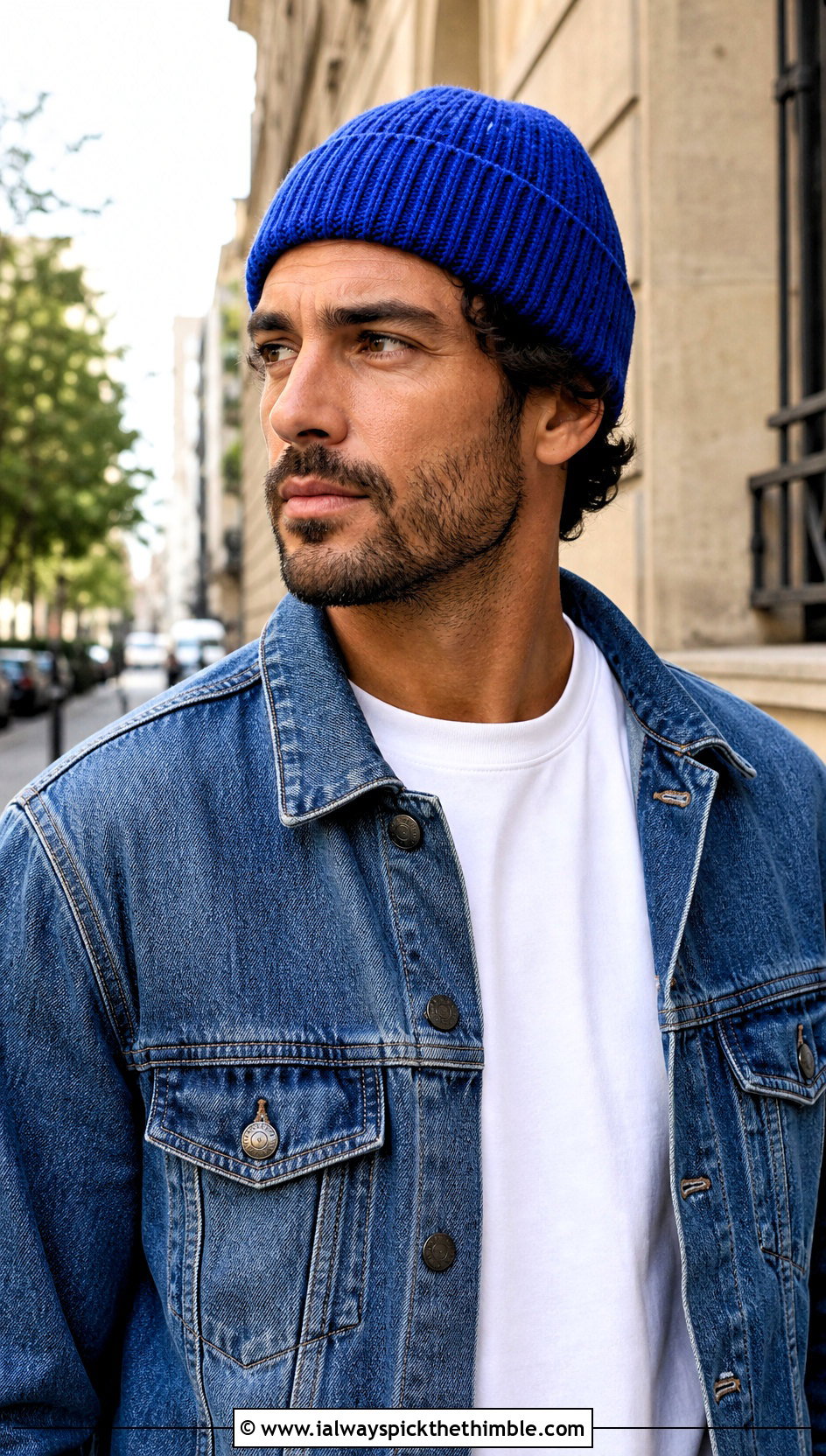 Ribbed Cuffed Crochet Beanie With Denim Jacket - 20 easy crochet beanie for men outfit ideas