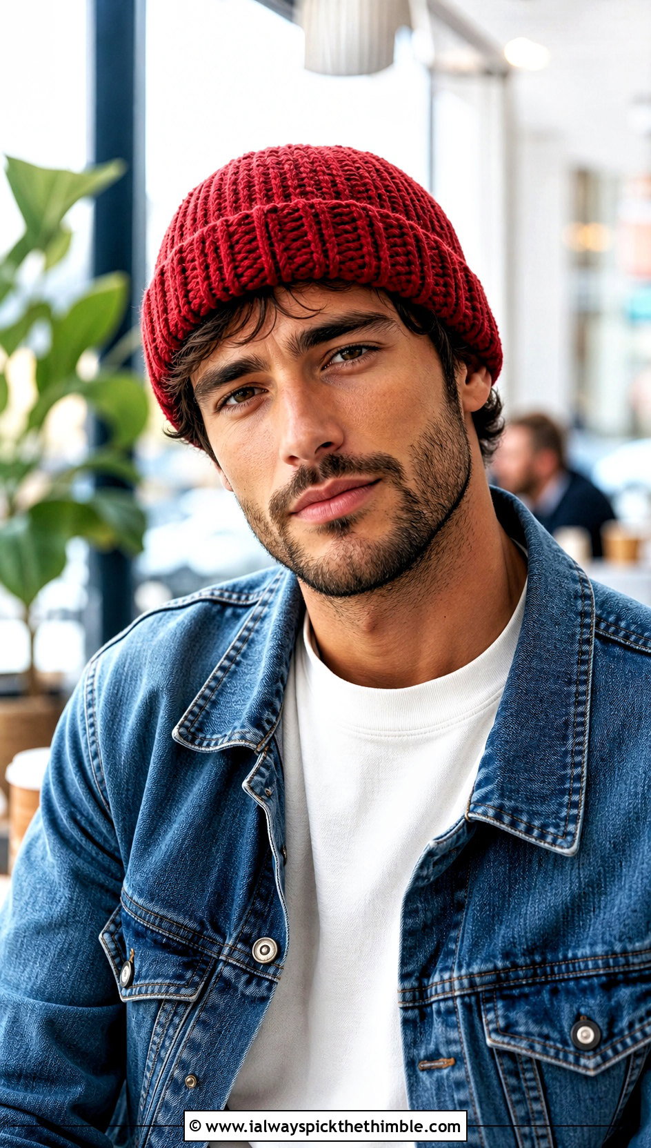 Ribbed Cuffed Crochet Beanie With Denim Jacket - 20 easy men's crochet beanie outfit ideas
