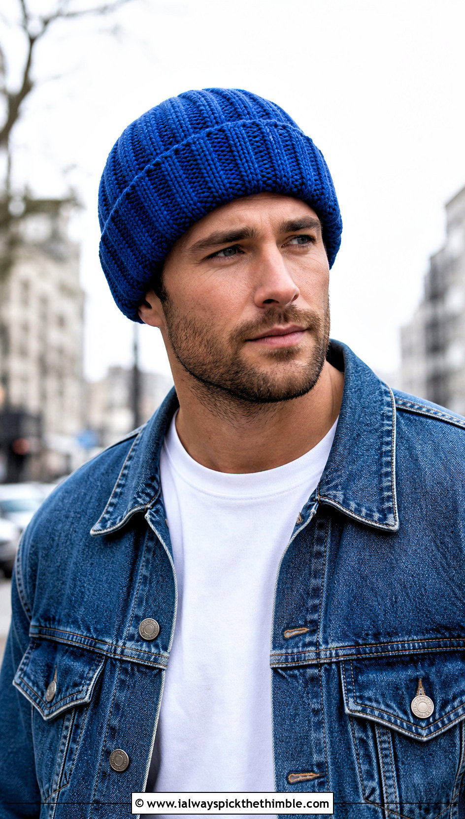 Ribbed Cuffed Crochet Beanie With Denim Jacket - 20 mens crochet hats men's beanie outfit ideas