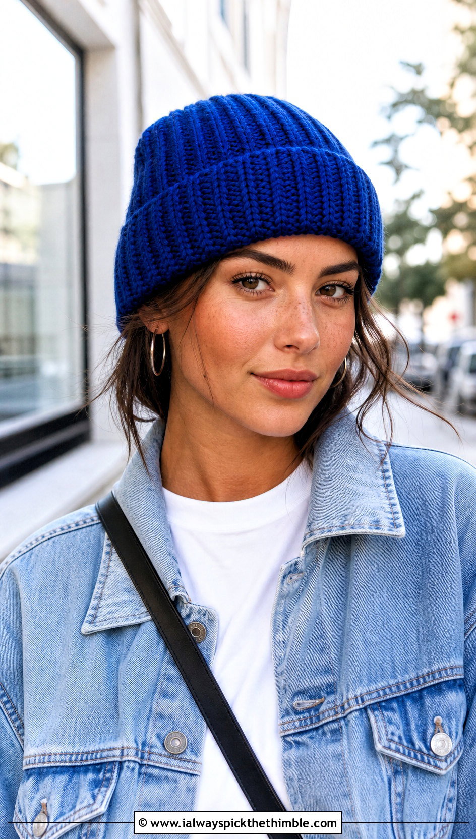 Ribbed Cuffed Crochet Beanie With Denim Jacket - 20 unique crochet beanie outfit ideas