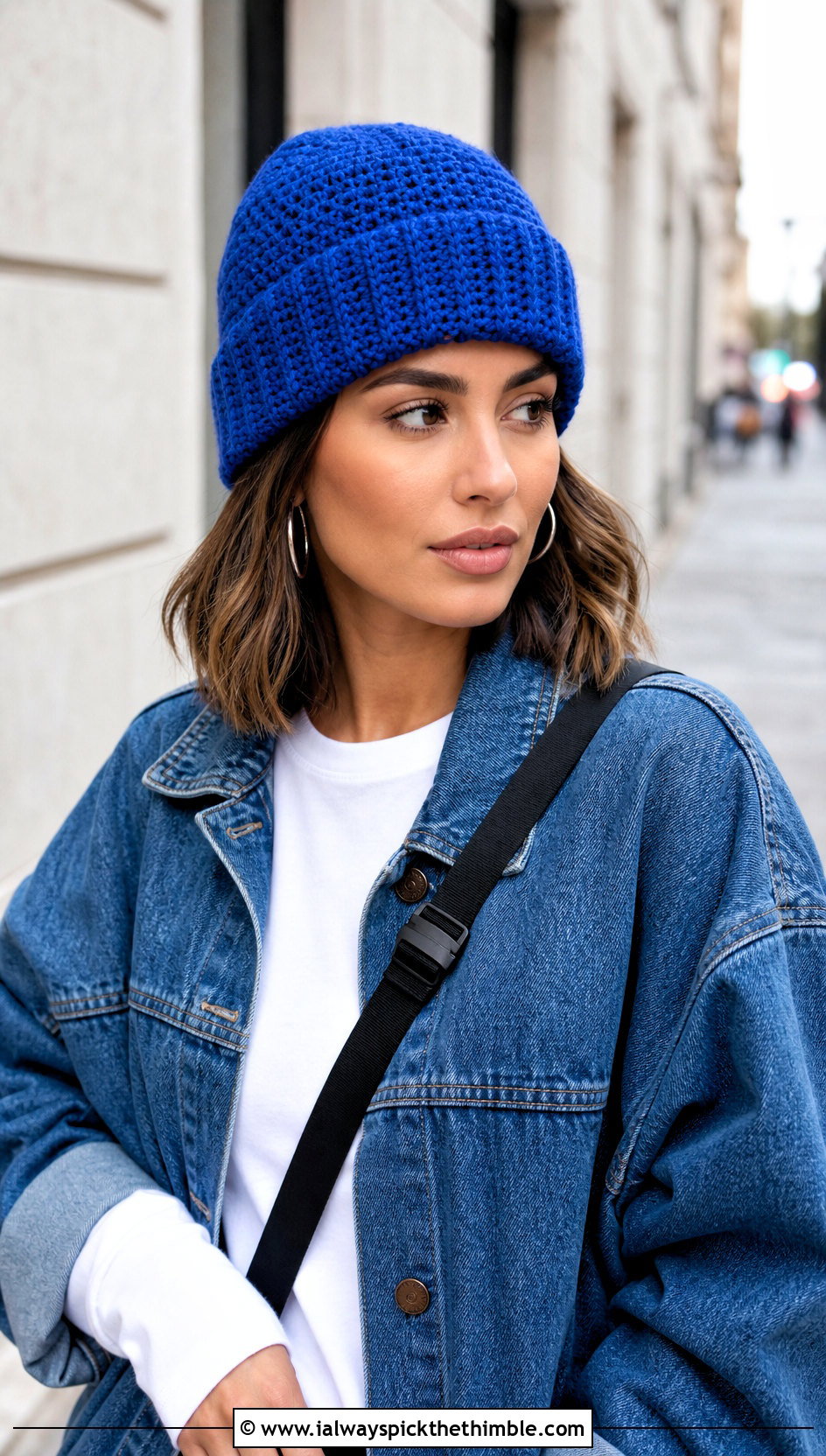 Ribbed Cuffed Crochet Beanie With Denim Jacket - 25 crochet beanie outfit ideas