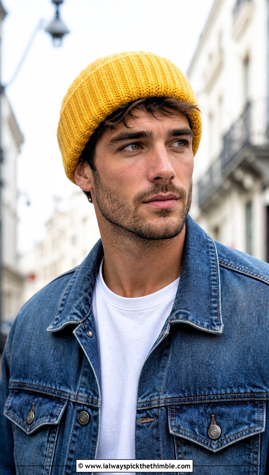 Ribbed Cuffed Crochet Beanie With Denim Jacket - 25 crochet hats men outfit ideas