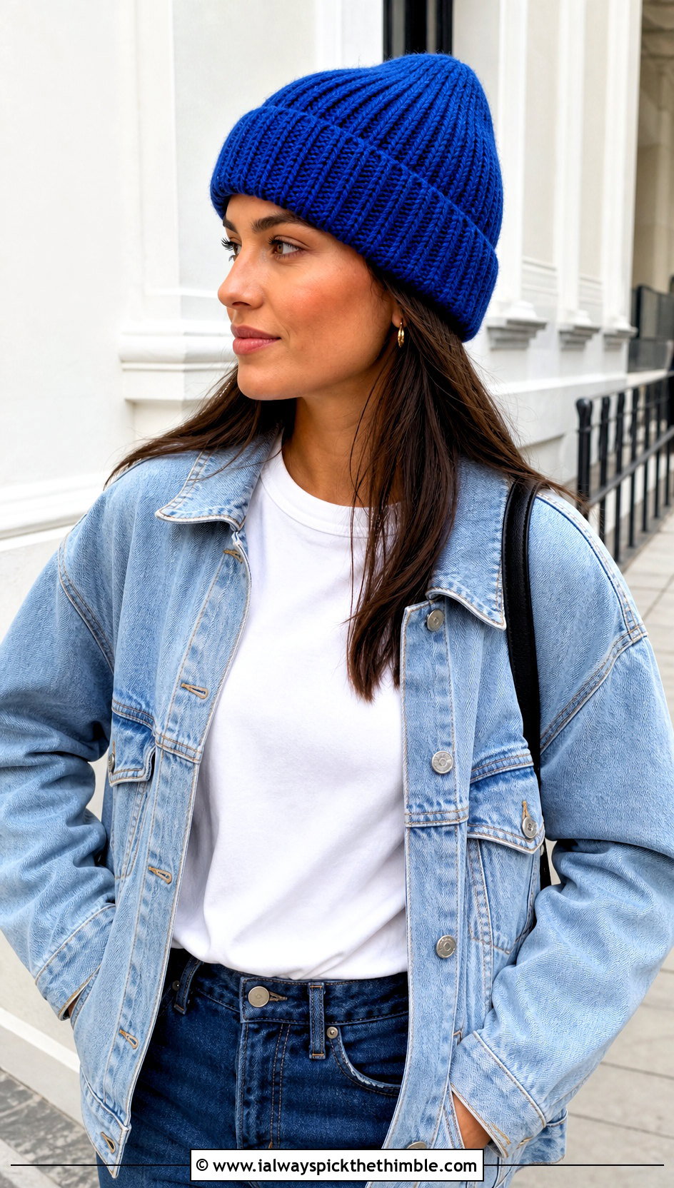 Ribbed Cuffed Crochet Beanie With Denim Jacket And Jeans - 25 cute crochet beanie outfit ideas