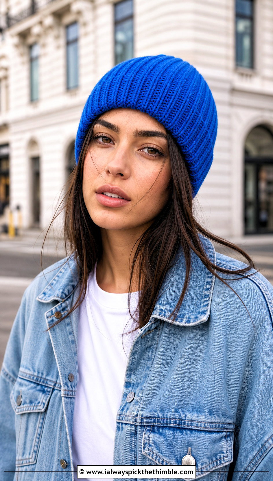 Ribbed Cuffed Crochet Beanie With Denim Jacket And Straight Jeans - 15 Crochet Beanie All Sizes outfit ideas
