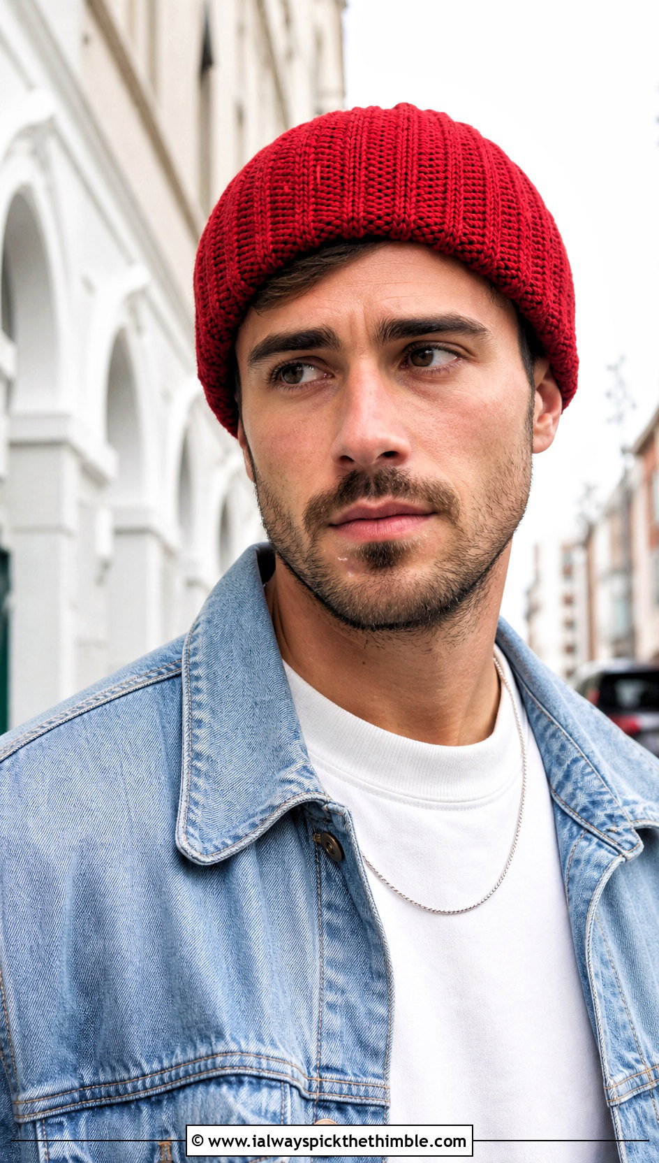 Ribbed Cuffed Crochet Beanie With Denim Jacket - 15 men's crochet beanies outfit ideas