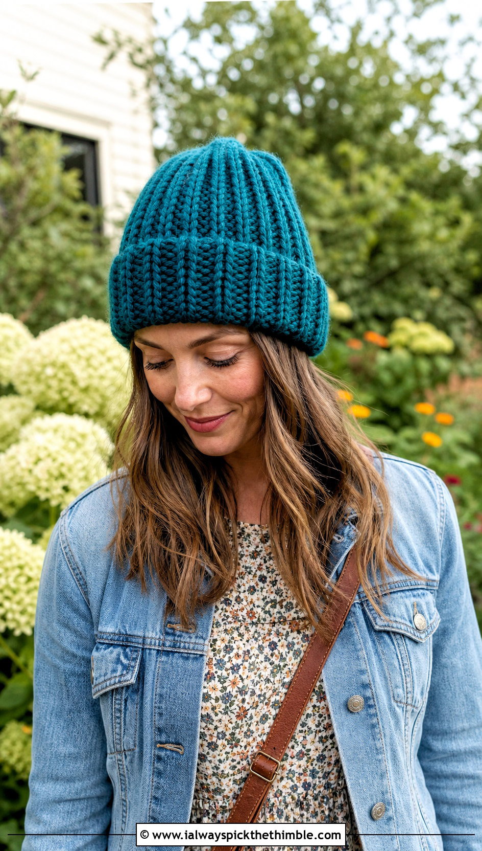 Ribbed Cuffed Crochet Beanie With Floral Midi Dress - 20 country cottage crochet beanie outfit ideas