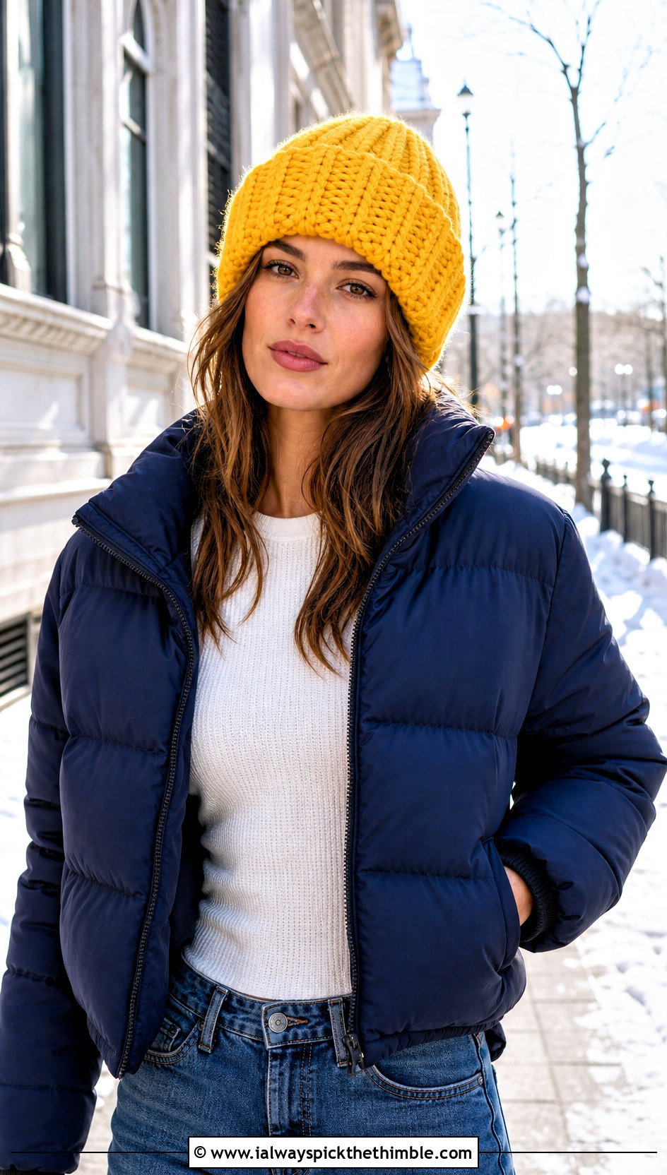 Ribbed Cuffed Crochet Beanie With Puffer Jacket And Jeans - 20 bulky yarn crochet beanie outfit ideas