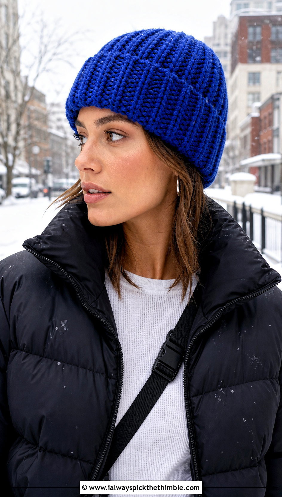 Ribbed Cuffed Crochet Beanie With Puffer Jacket - 15 diy crochet winter hat outfit ideas