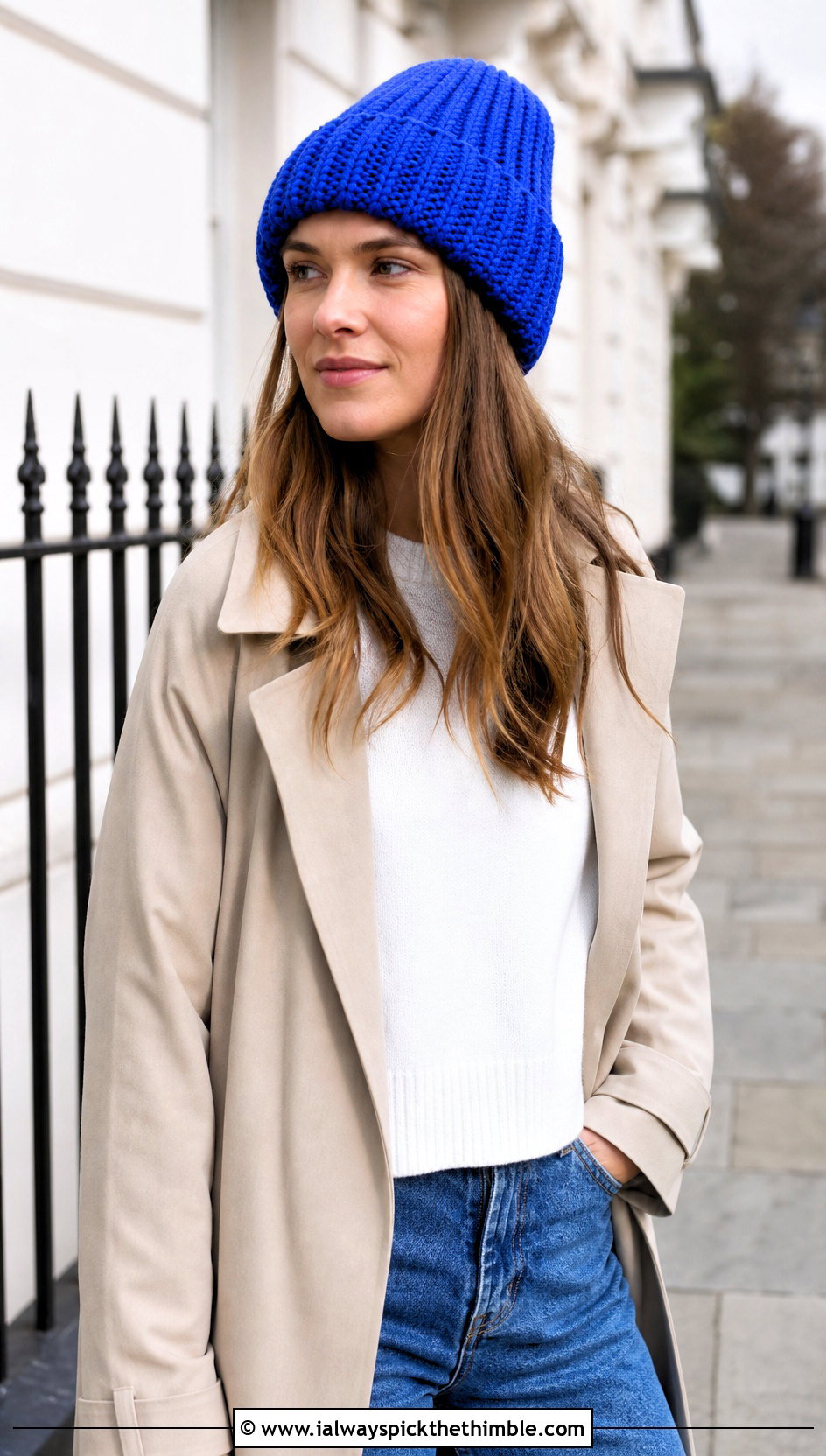 Ribbed Cuffed Crochet Beanie With Trench Coat - 20 crochet fall beanie outfit ideas
