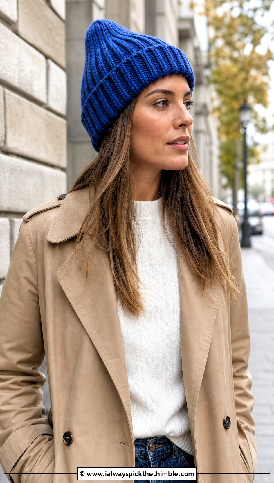 Ribbed Cuffed Crochet Beanie With Trench Coat - 20 Fall Crochet Beanie outfit ideas