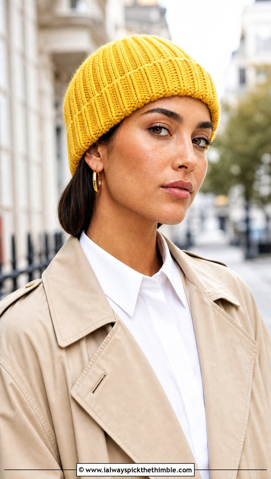 Ribbed Cuffed Crochet Beanie With Trench Coat - 25 cute crochet beanies outfit ideas
