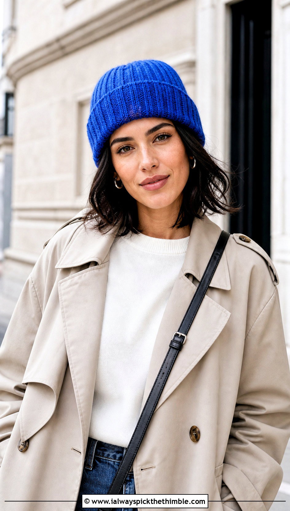 Ribbed Cuffed Crochet Beanie With Trench Coat And Jeans - 15 Easy Crochet Projects Beanie outfit ideas