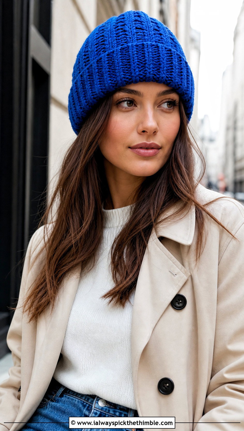 Ribbed Cuffed Crochet Beanie With Trench Coat And Jeans - 25 easy crochet beanie outfit ideas