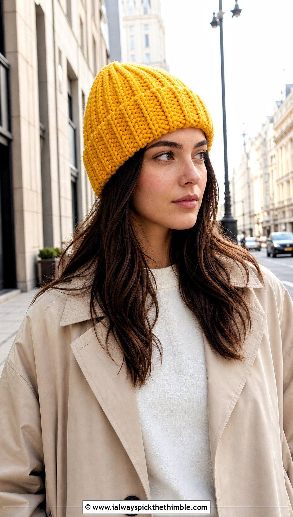Ribbed Cuffed Crochet Beanie With Trench Coat And Jeans - 25 simple crochet beanie outfit ideas