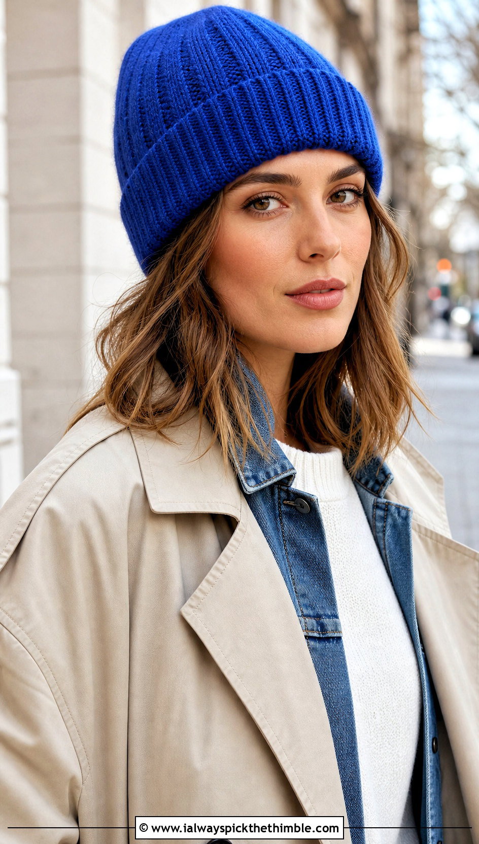 Ribbed Cuffed Crochet Beanie With Trench Coat And Jeans - 20 crochet beanies for women outfit ideas