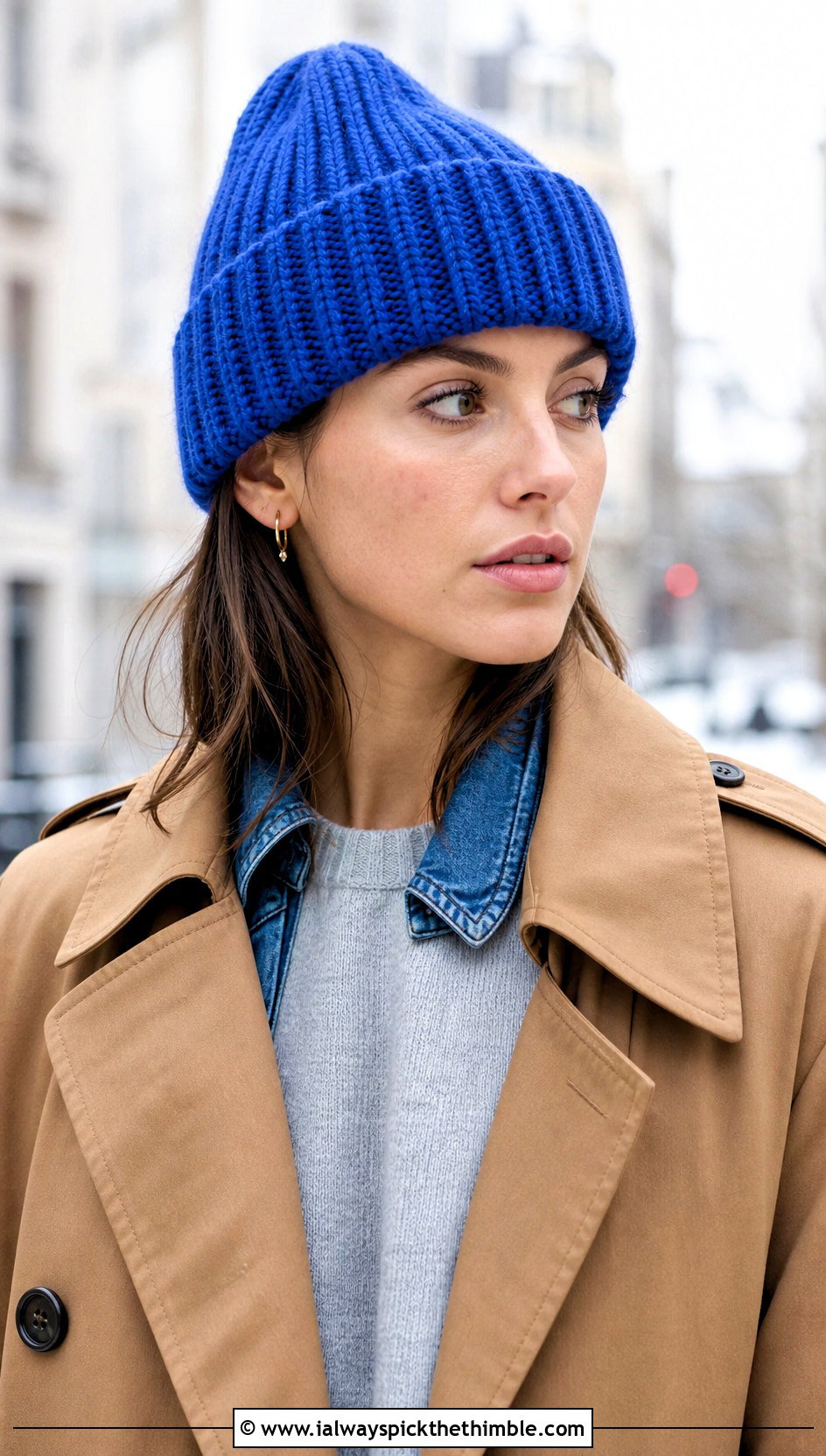 Ribbed Cuffed Crochet Beanie With Trench Coat And Jeans - 20 winter crochet beanie outfit ideas
