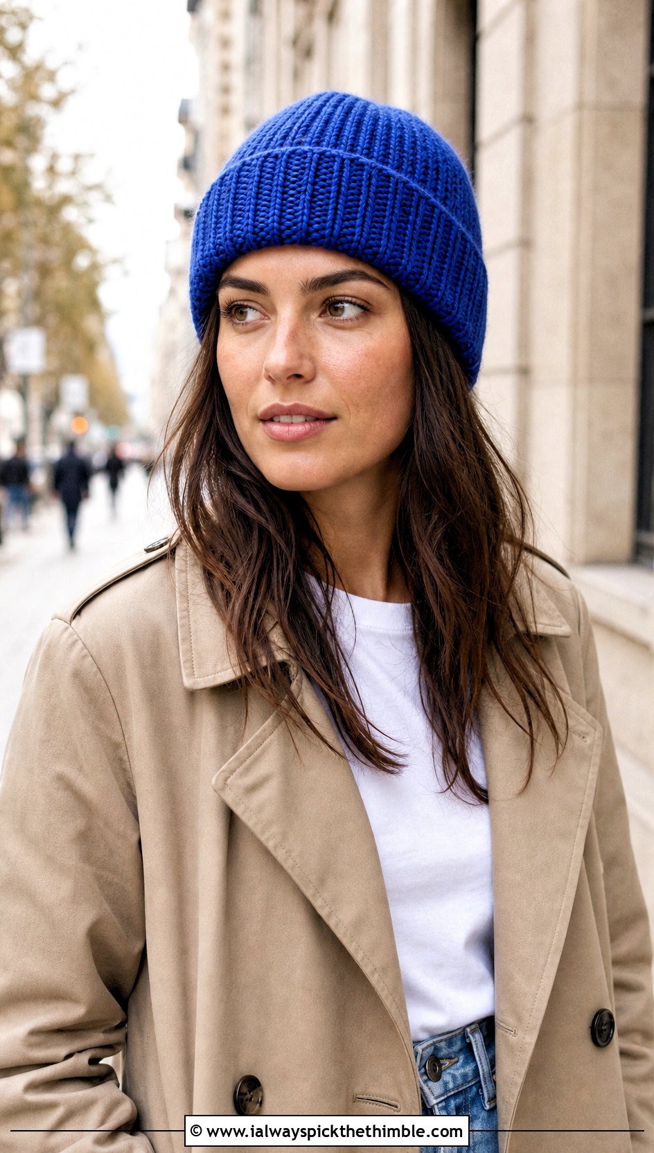 Ribbed Cuffed Crochet Beanie With Trench Coat And Jeans - 25 aesthetic crochet beanie outfit ideas