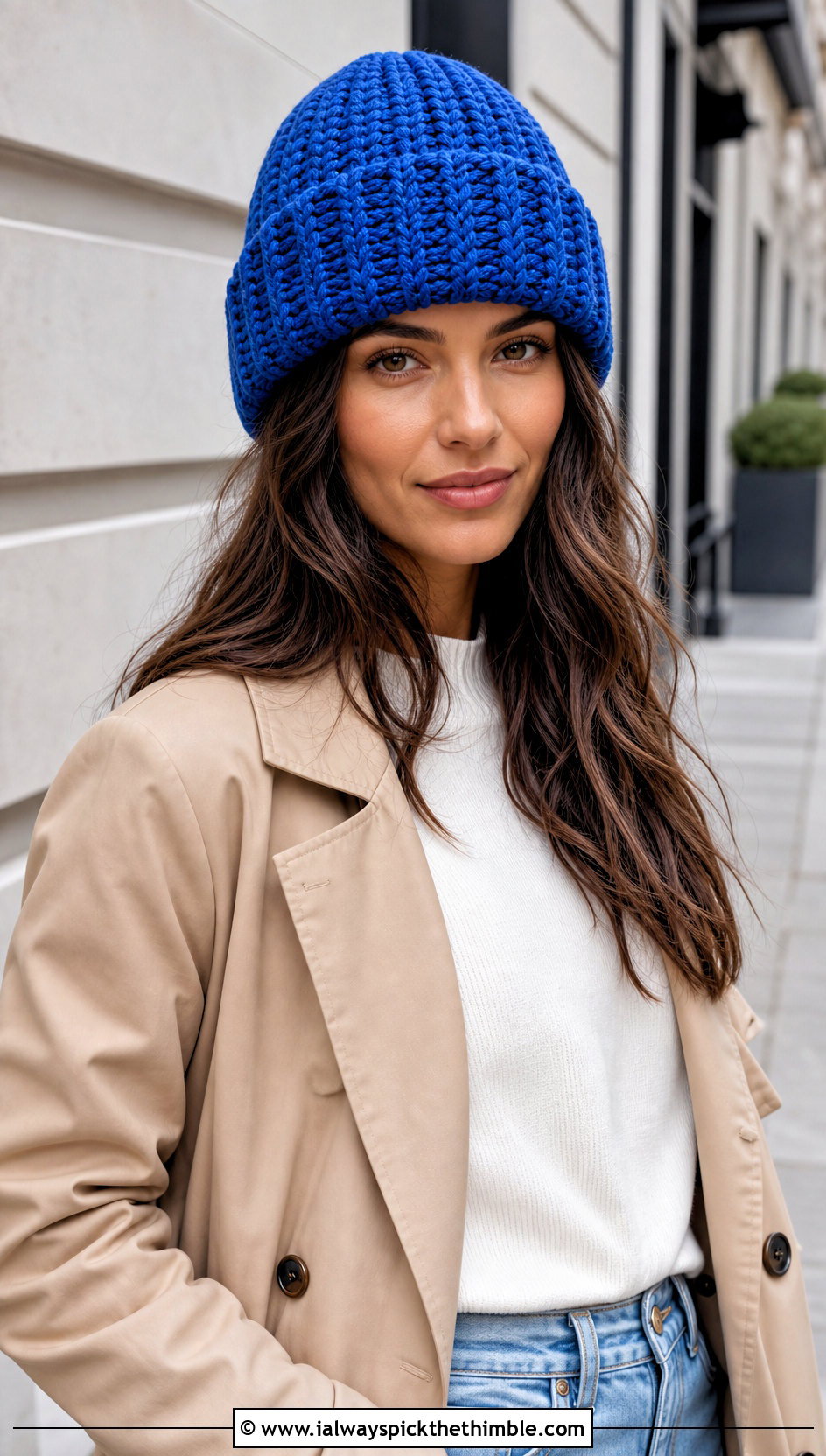 Ribbed Cuffed Crochet Beanie With Trench Coat And Jeans - 25 basic crochet beanie outfit ideas