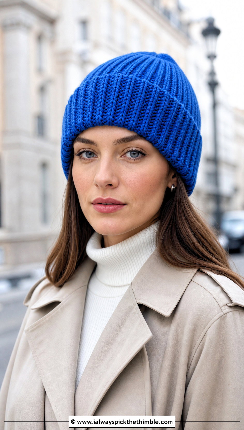 Ribbed Cuffed Crochet Beanie With Trench Coat - 15 cool crochet beanie outfit ideas