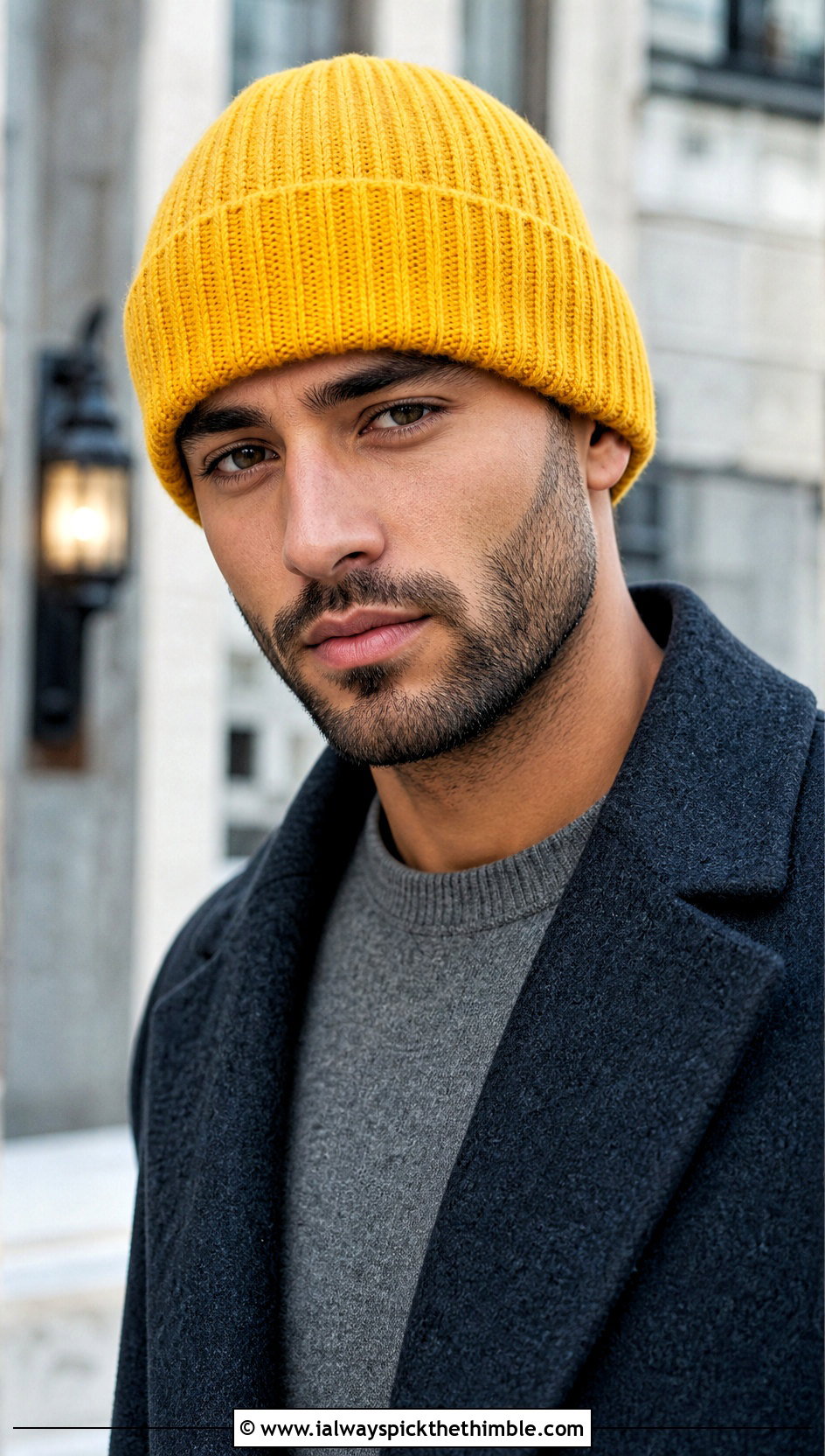 Ribbed Cuffed Crochet Beanie With Wool Overcoat - 20 mens winter crochet hats outfit ideas