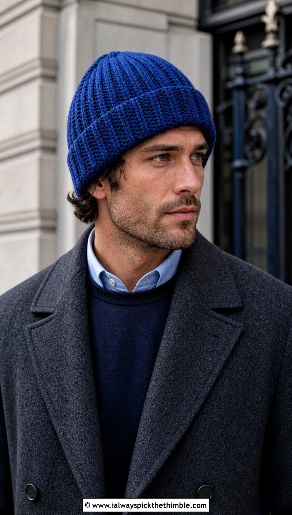 Ribbed Cuffed Crochet Beanie With Wool Overcoat - 20 Crochet Mens Winter Hat outfit ideas