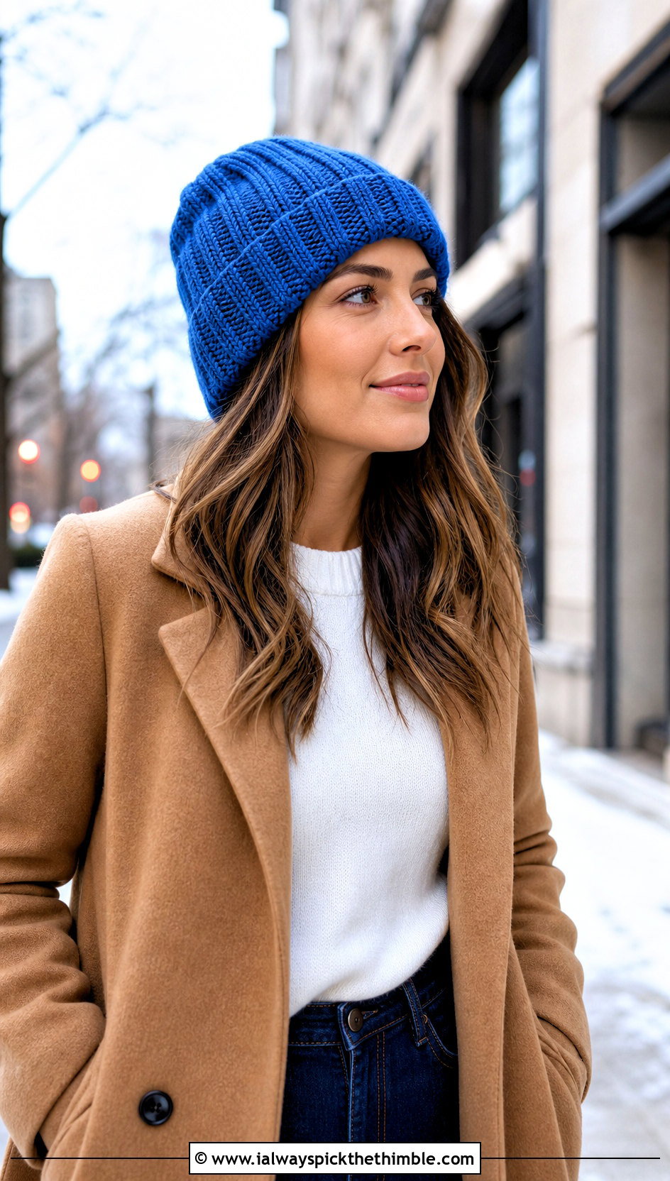 Ribbed Cuffed Crochet Rectangle Beanie With Wool Coat And Jeans - 20 Crochet Rectangle Beanie outfit ideas