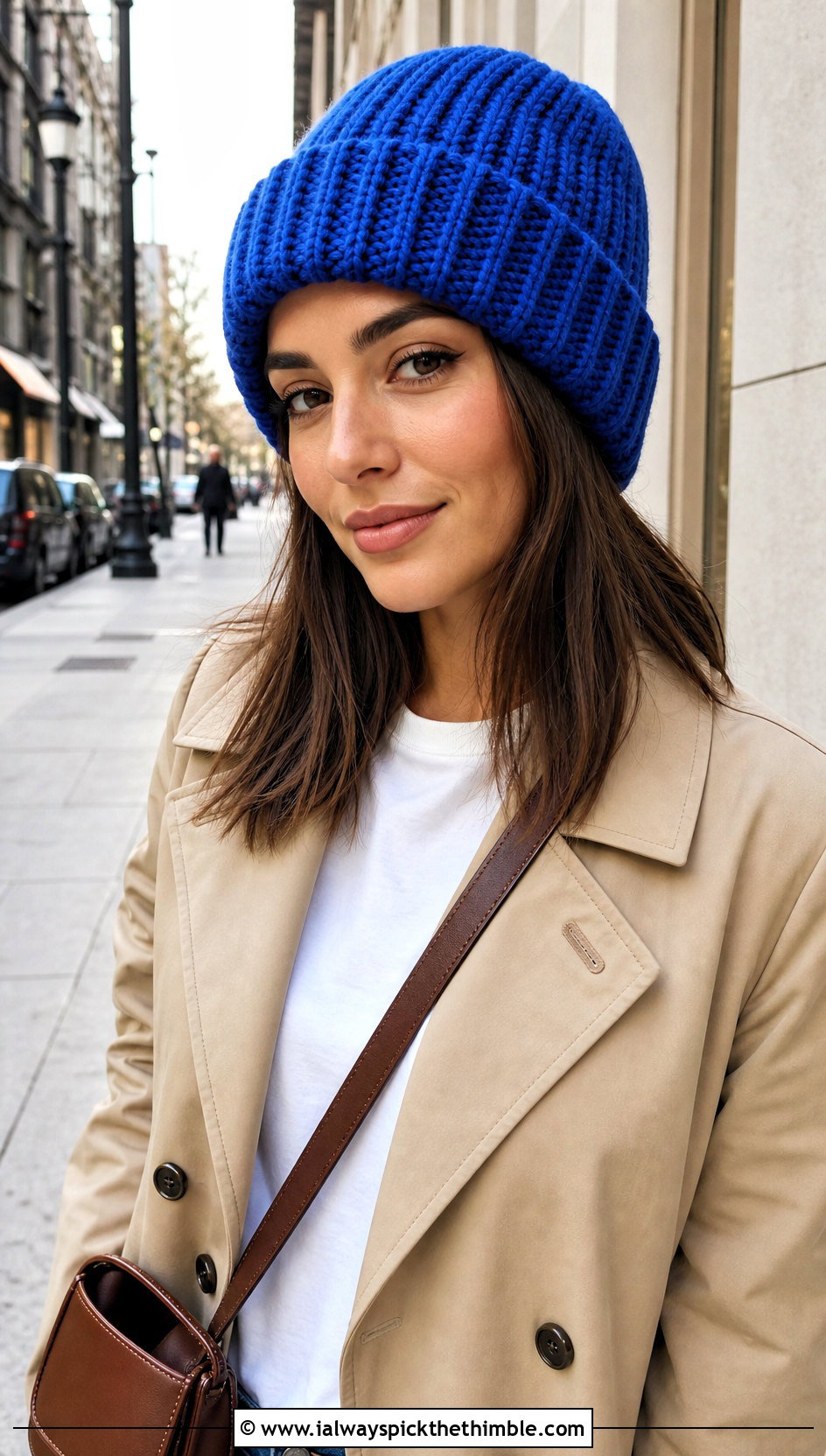 Ribbed Cuffed HDC Crochet Beanie With Trench Coat And Jeans - 20 hdc crochet beanie outfit ideas