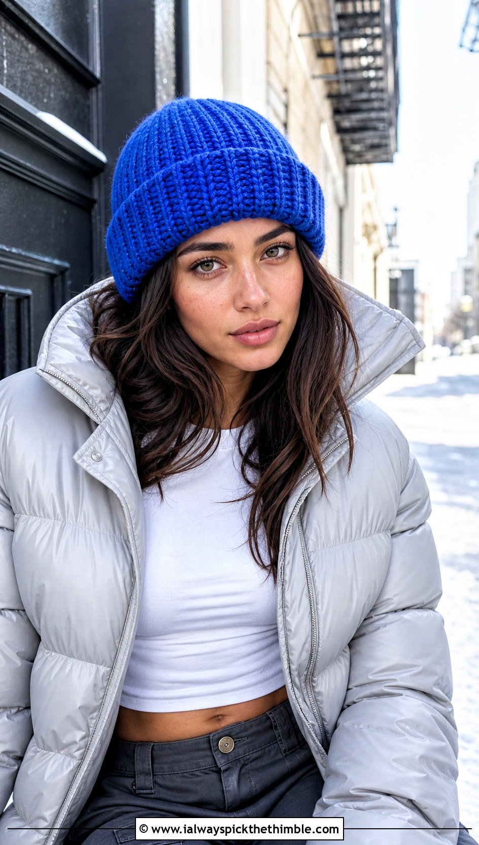 Ribbed Cuffed Half Double Crochet Beanie With Puffer Jacket - 25 half double crochet beanie outfit ideas