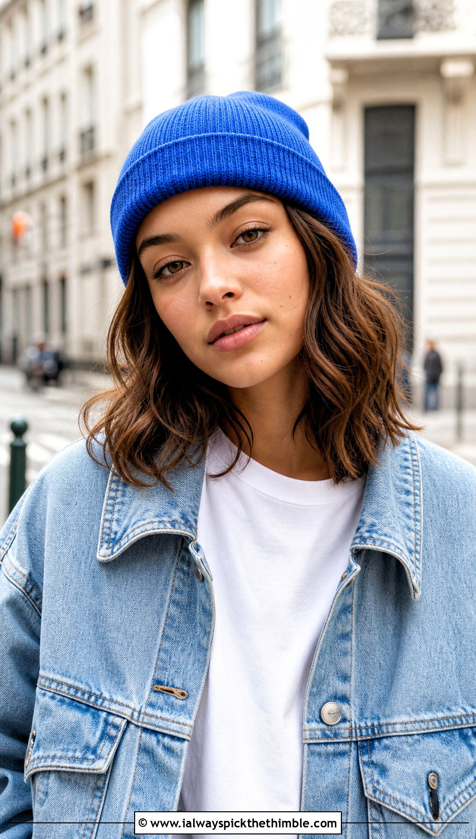 Ribbed Cuffed Lightweight Crochet Beanie With Denim Jacket - 15 Lightweight Crochet Beanie outfit ideas