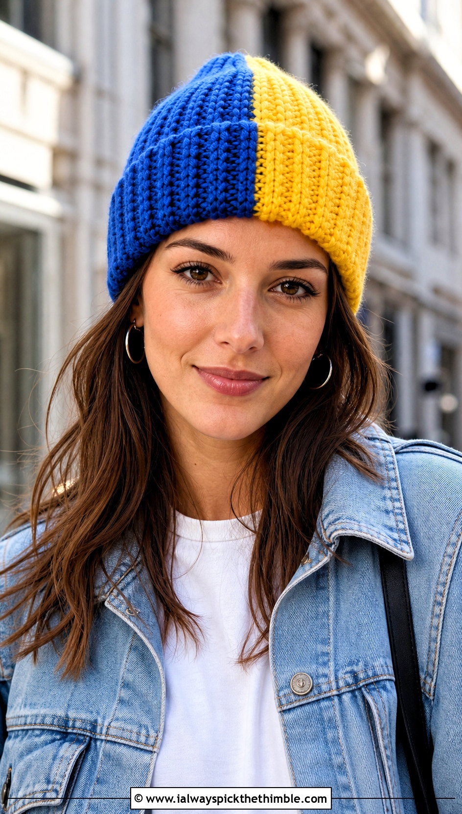 Ribbed Cuffed Split Color Crochet Beanie With Denim Jacket - 15 Split Color Crochet Beanie outfit ideas