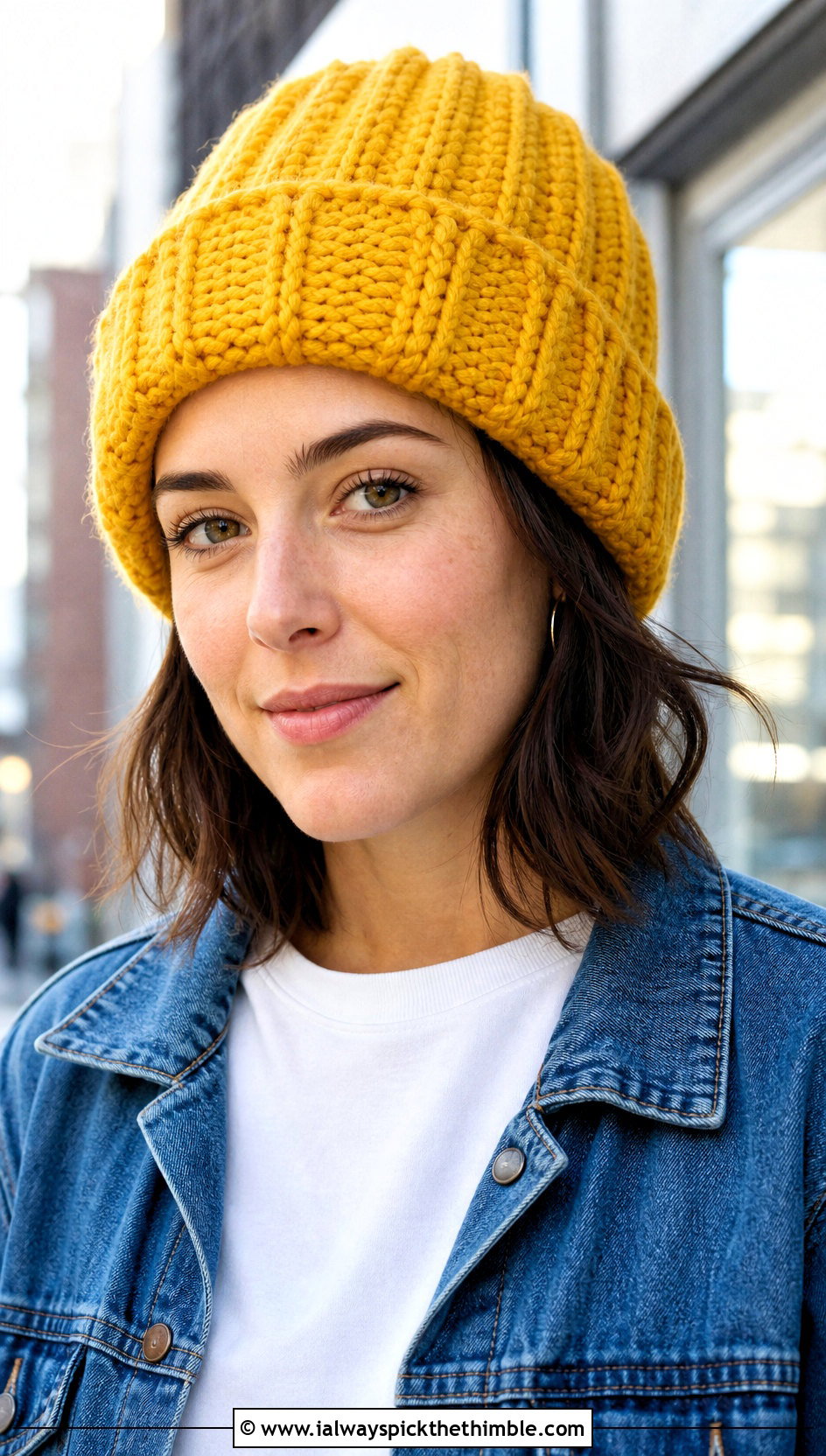 Ribbed Cuffed Worsted Crochet Beanie With Denim Jacket - 15 Worsted Crochet Beanie outfit ideas