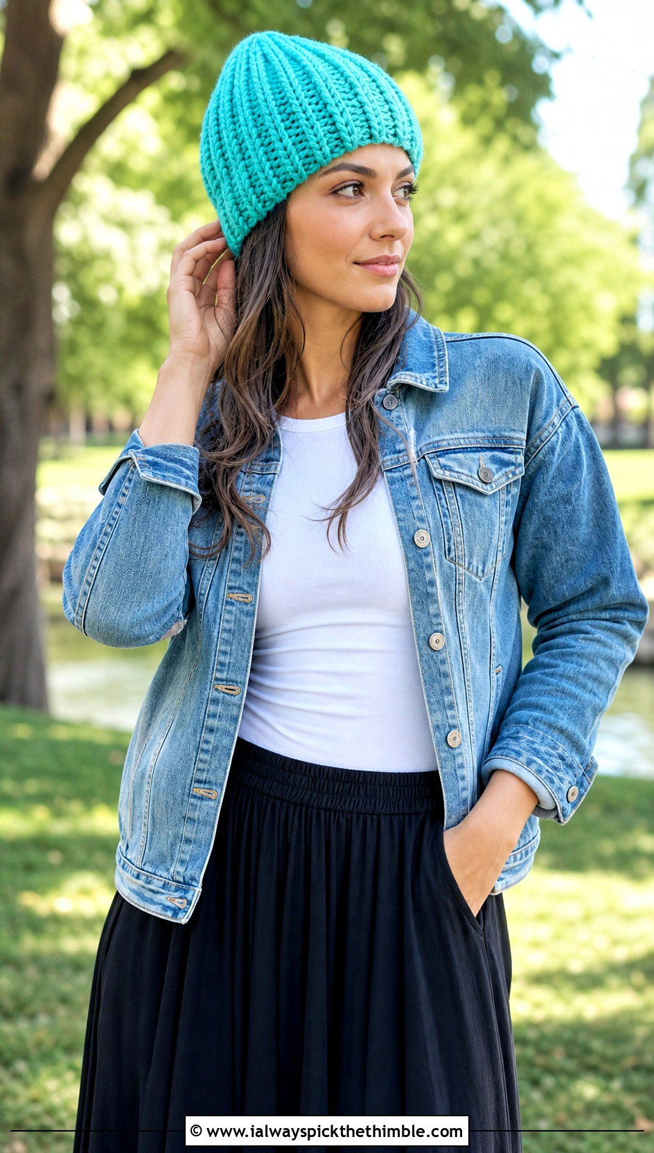Ribbed Double Crochet Beanie With Denim Jacket And Maxi Skirt - 25 double crochet beanie outfit ideas