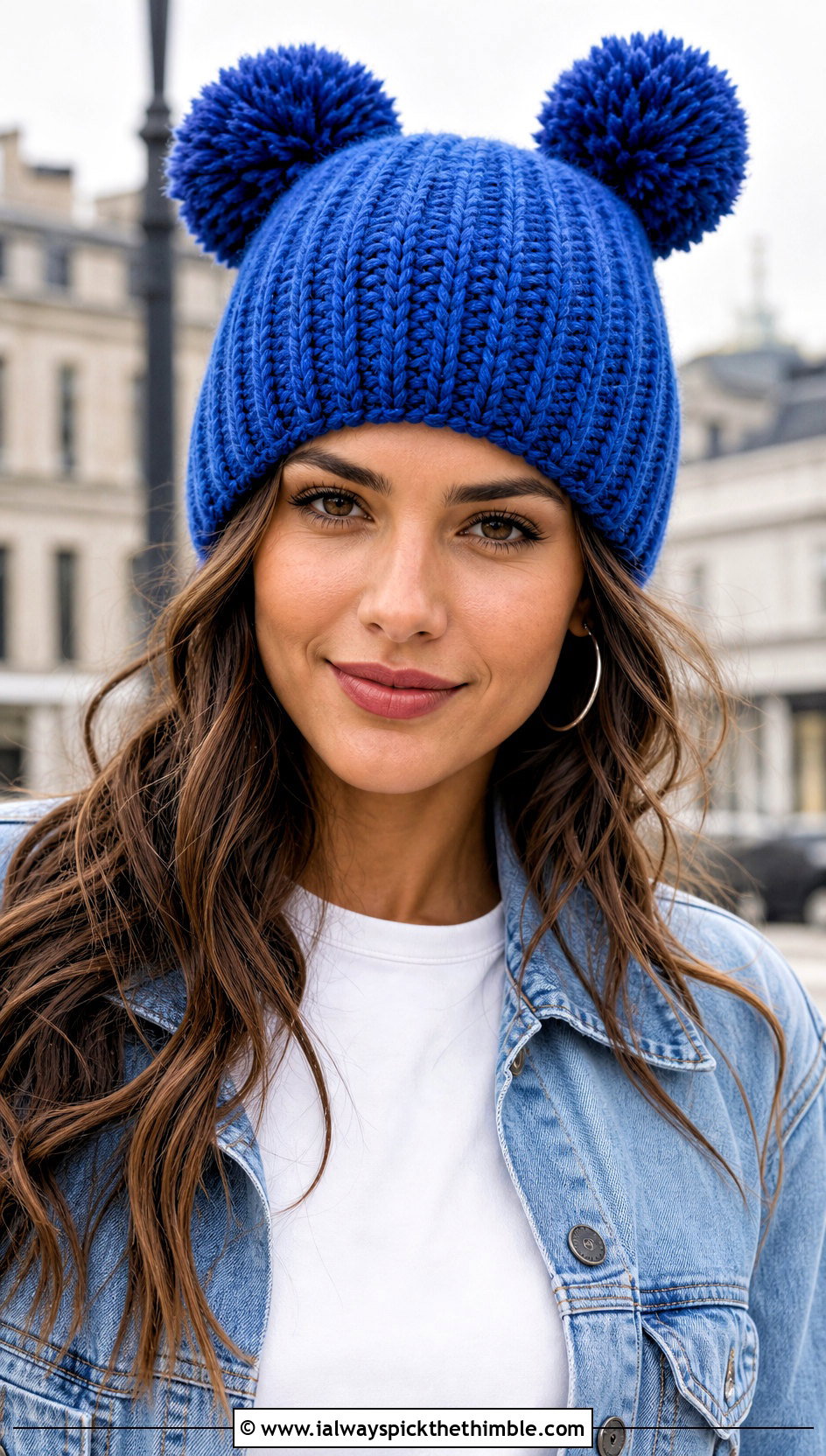 Ribbed Double Pompom Crochet Hat With Denim Jacket - 20 Double Pompom Crochet Hat outfit ideas