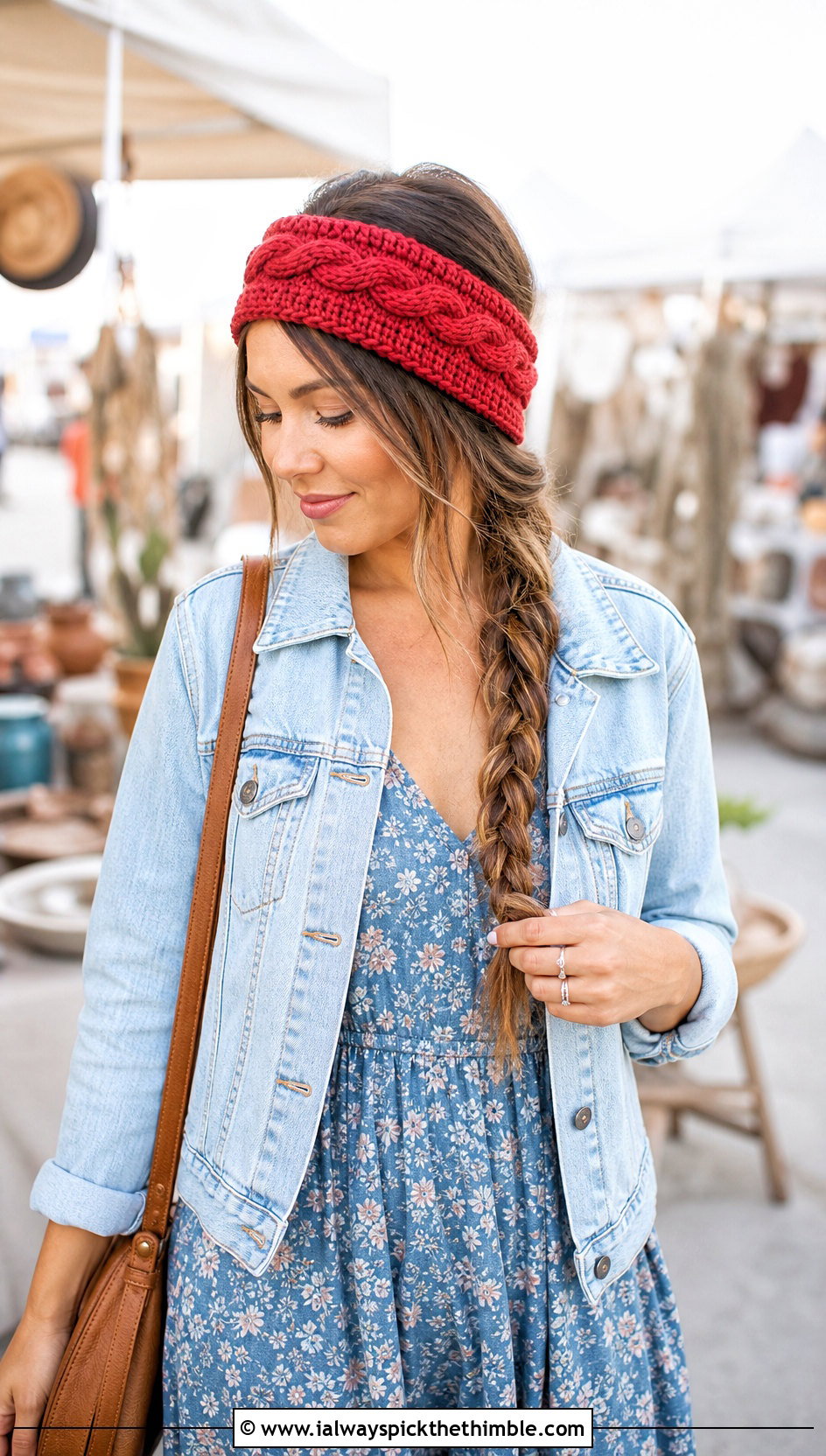 Ribbed Edge Cable Crochet Headband With Denim Jacket And Maxi Dress - 15 cable crochet headband outfit ideas