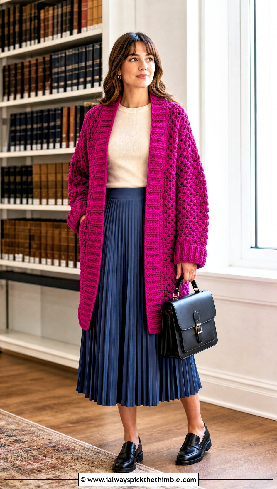 Ribbed Edge Crochet Blanket Cardigan With Pleated Midi Skirt - 25 crochet blanket cardigan outfit ideas