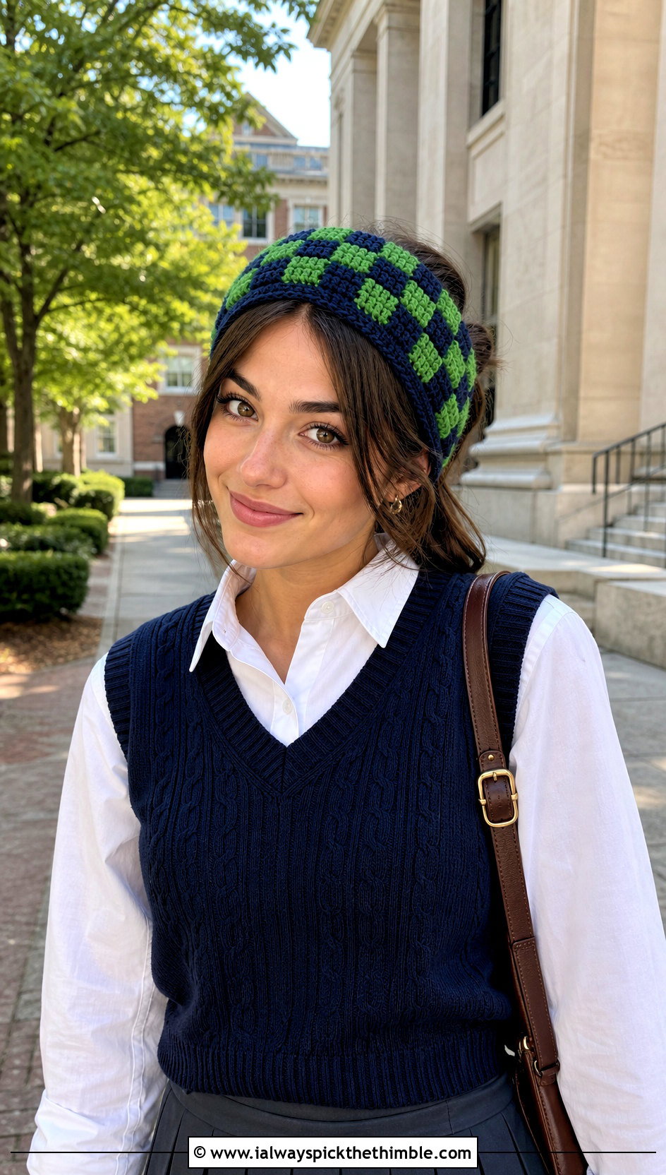 Ribbed Edge Crochet Checkered Headband With Sweater Vest And Pleated Skirt - 20 crochet checkered headband outfit ideas